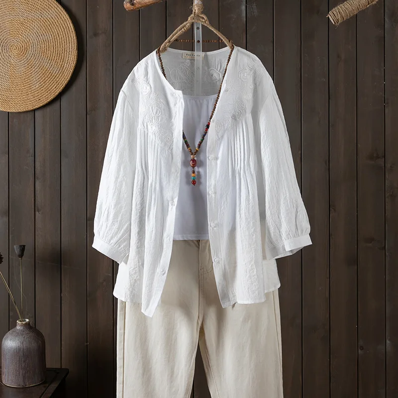 New 2025 Spring Cotton Nine Quarter Sleeve Shirt, Women Stand Embroidery, Mori Girl Retro Commute Casual Loose Blouse T53741CC