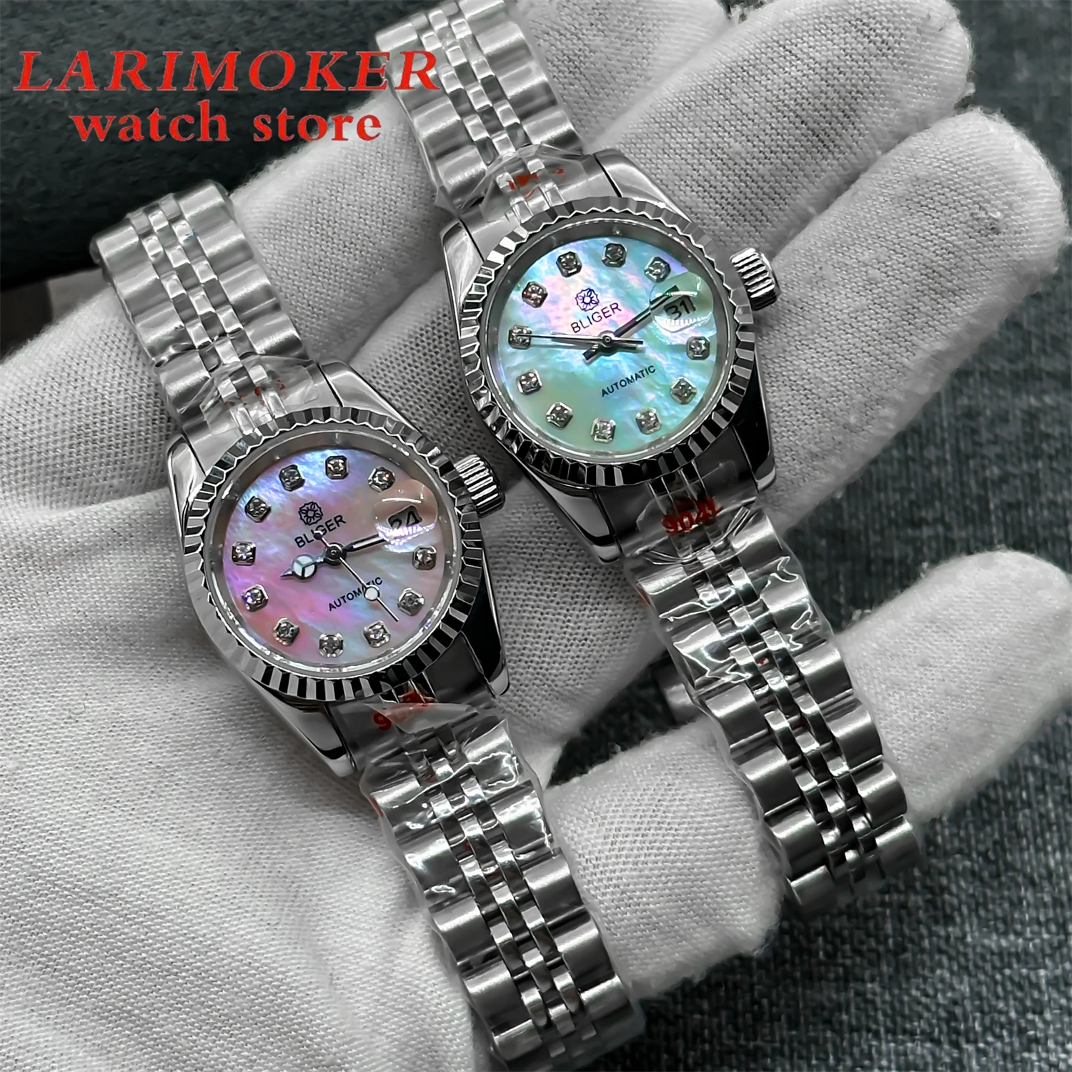 BLIGER 25.5mm mechanical Ladies Diving watch NH05 Automatic movement Pearl dial sapphire glass waterproof calendar