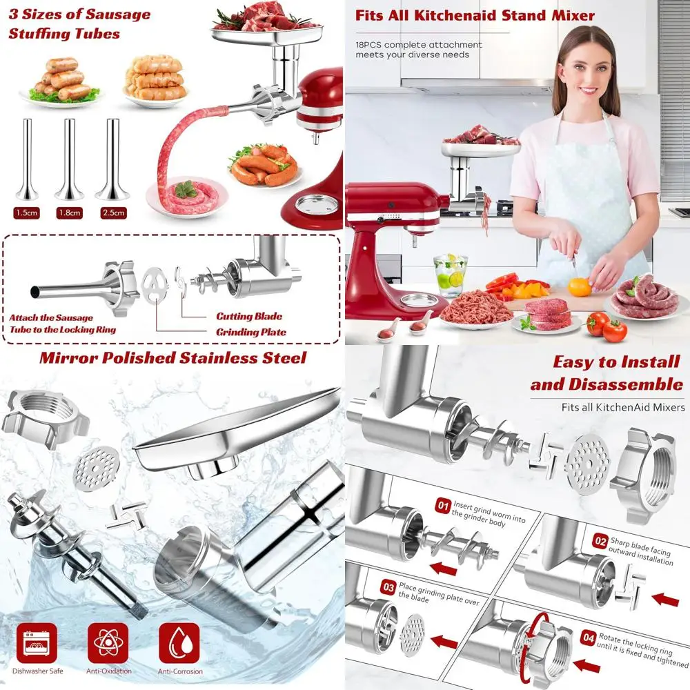 

KitchenAid Mixer Stainless Steel Meat Grinder, 18-Piece Set with 3 Sausage Stuffers & 4 Grinding Plates, Dishwasher Safe