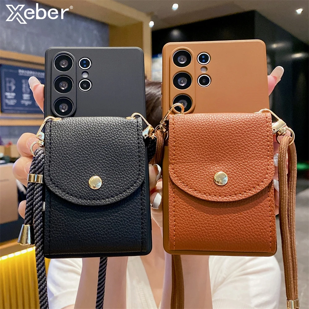 Umhängetasche Lanyard Leder Brieftasche Fall Für Samsung S24 S25 Ultra S23 S22 Plus S21 S20 Hinweis 20 A73 A72 A71 A70 A55 A54 A53 A52 A50