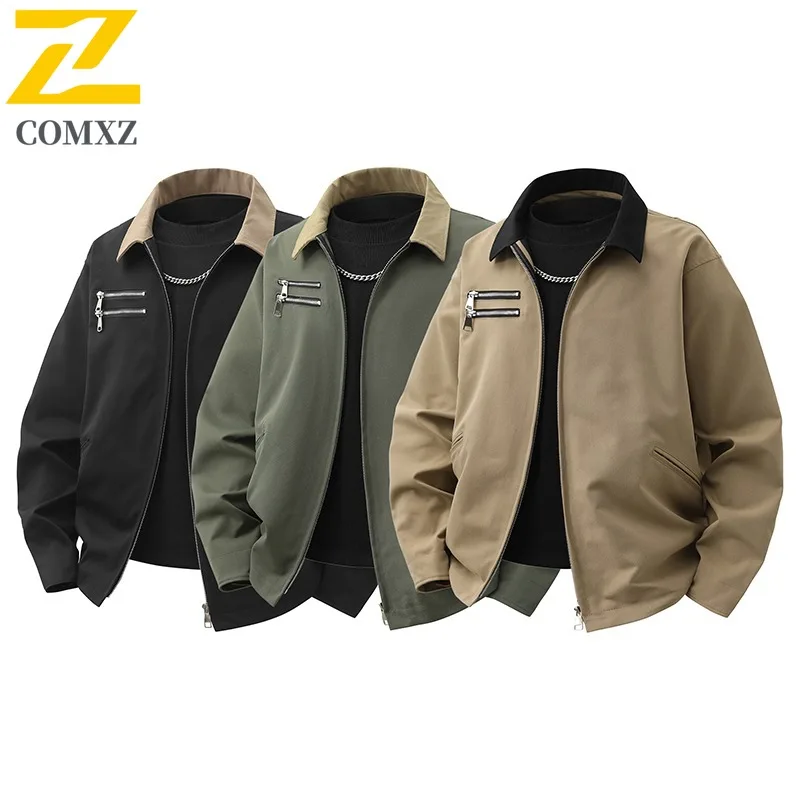 COMXZ 2025 Mens Japanese Vintage Workwear Jacket Zip Detail Casual Coat