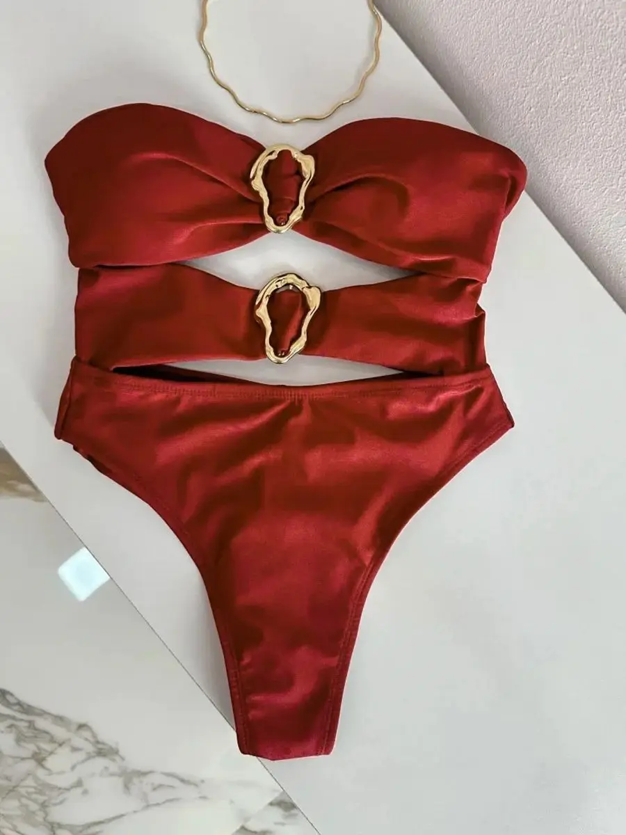 3 Colors Sexy Metal Rings Cut Out Women Swimwear One Piece Swimsuit Female Bandeau High Leg Cut Bather Bathing Suit Swim B022D