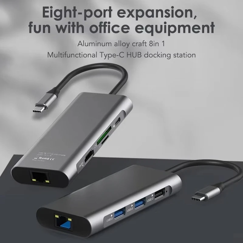 EE1 Type C Hub 8 In 1 USB Hub with 4K 30Hz HDTV Laptop Converter USB C Adapter USB 3.0 2.0 Ethernet Card Reader PD Charging Hub