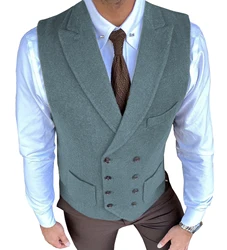 Men's Casual Double Breasted Suit Vest Herringbone Pattern Notch Lapel Waistcoat for Groomsmen for Wedding