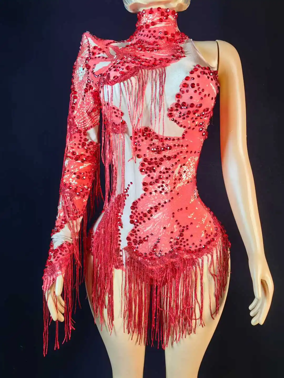 

Single Sleeve Fringe Rhinestone Bodysuits For Women Drag Queen Costumes Night Club Stage Wear White Green Red Body Suits