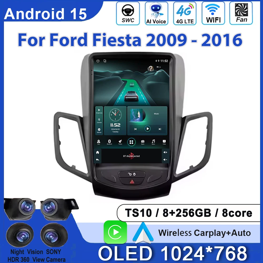 9.7 Inch For Ford Fiesta 2009 - 2016 For Tesla Style Car Radio Carplay Android Auto Multimedia Player WIFI GPS Video QLED Screen