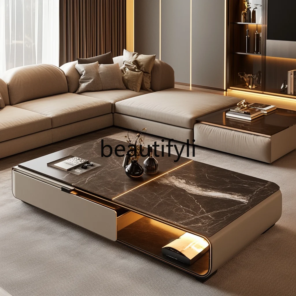 

Square coffee table minimalist high-end modern light luxury living room large flat floor home