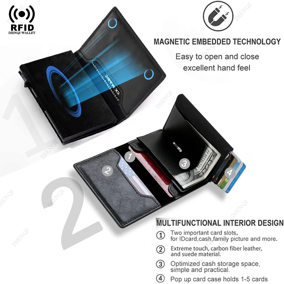 Magnetic Credit Card Holder Luxury Men Wallet Rfid Blocking Pop Up Minimalist Wallet Leather Bank Cardholder Case Vallet for Men image 4