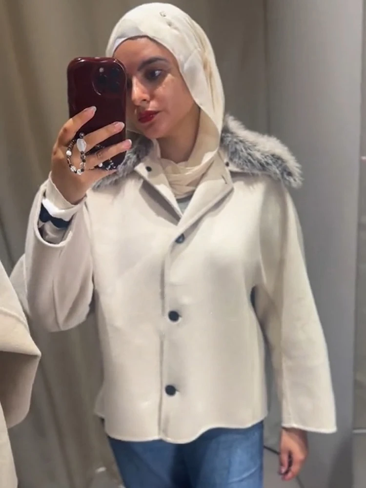 Khaki Faux Fur Collar Vintage Beige Wool Blend Coat Lady Detachable Wide Sleeve Loose Commute Street Winter Warm Fashion Outwear
