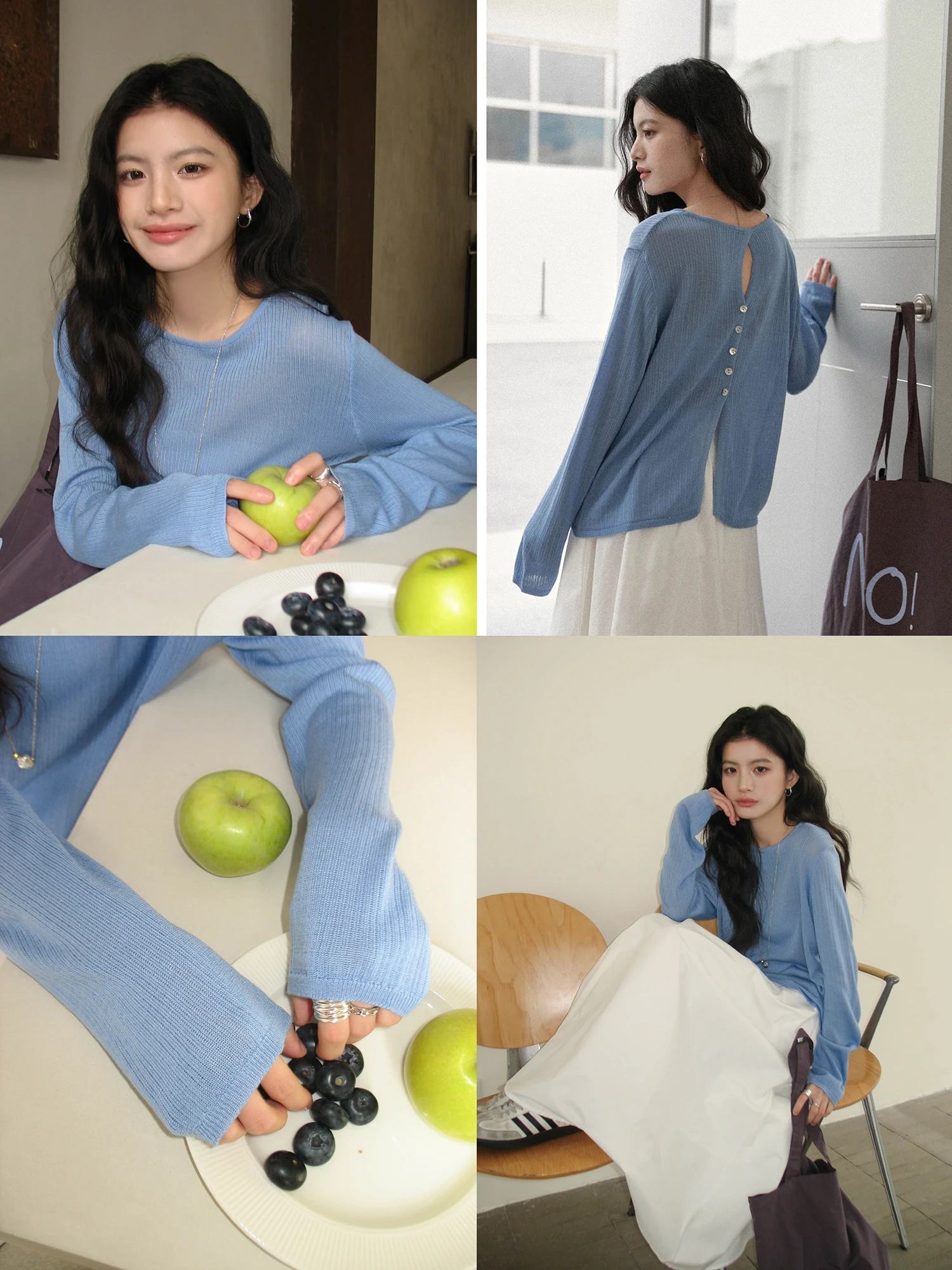 

Синий вязаный топ с длинными рукавами и вырезами, женский, весна 2026, новинка, корейский стиль, с разрезом, свободный крой, однотонный свитер