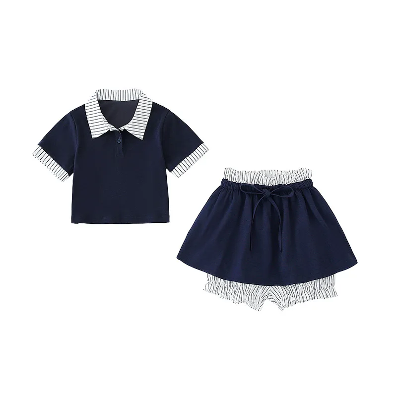 2026 Summer Girls Set Clothes Teenager Striped Splicing T-Shirt + Tennis Pleated Mini Skirt 4 5 6 7 8 10 11 12 Year Tracksuit