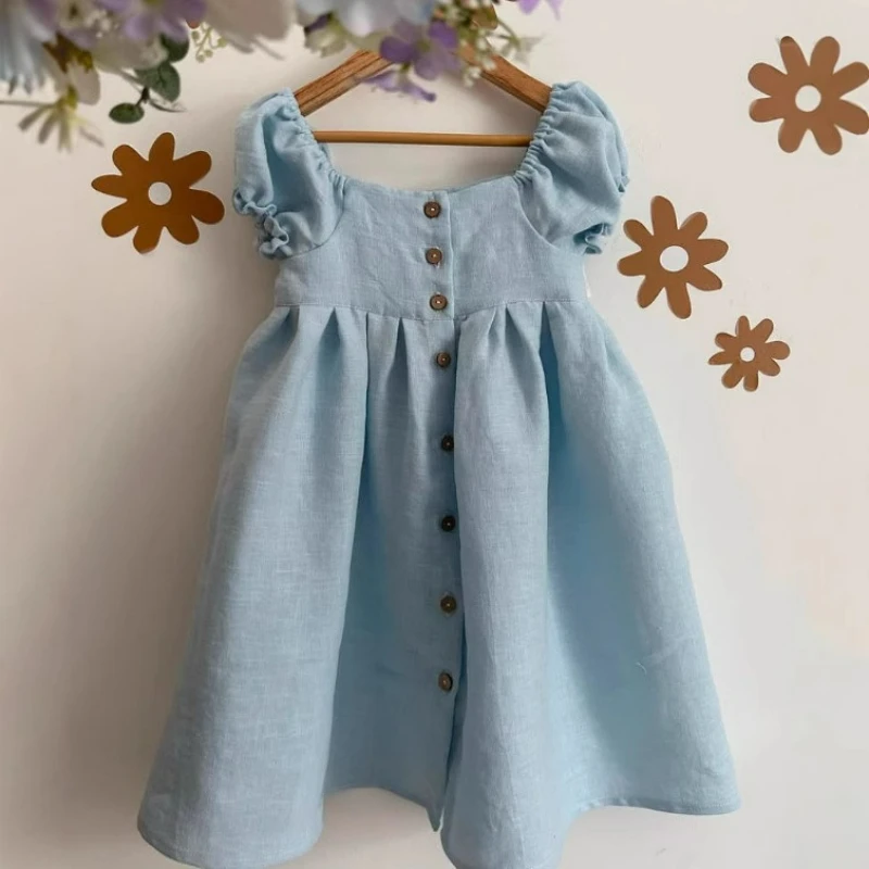 2026 Summer Girls Dress Eastern European Style Girls Cotton Linen Square Neck Puff Sleeve Slim Princess Open Front Casual Dress