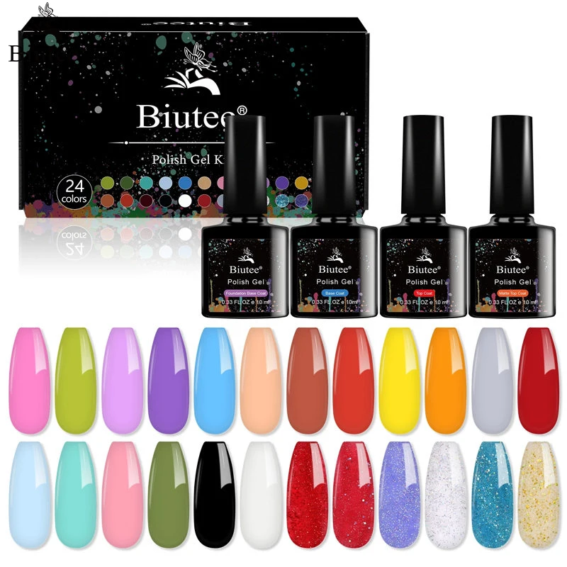 Biutee 24 Kleuren Gel Polish Set Nail Art Semi Permanente Vernis 5Ml Uv Led Gel Diy Top Base Coat matte Vernis Soak Off Nagels Gel