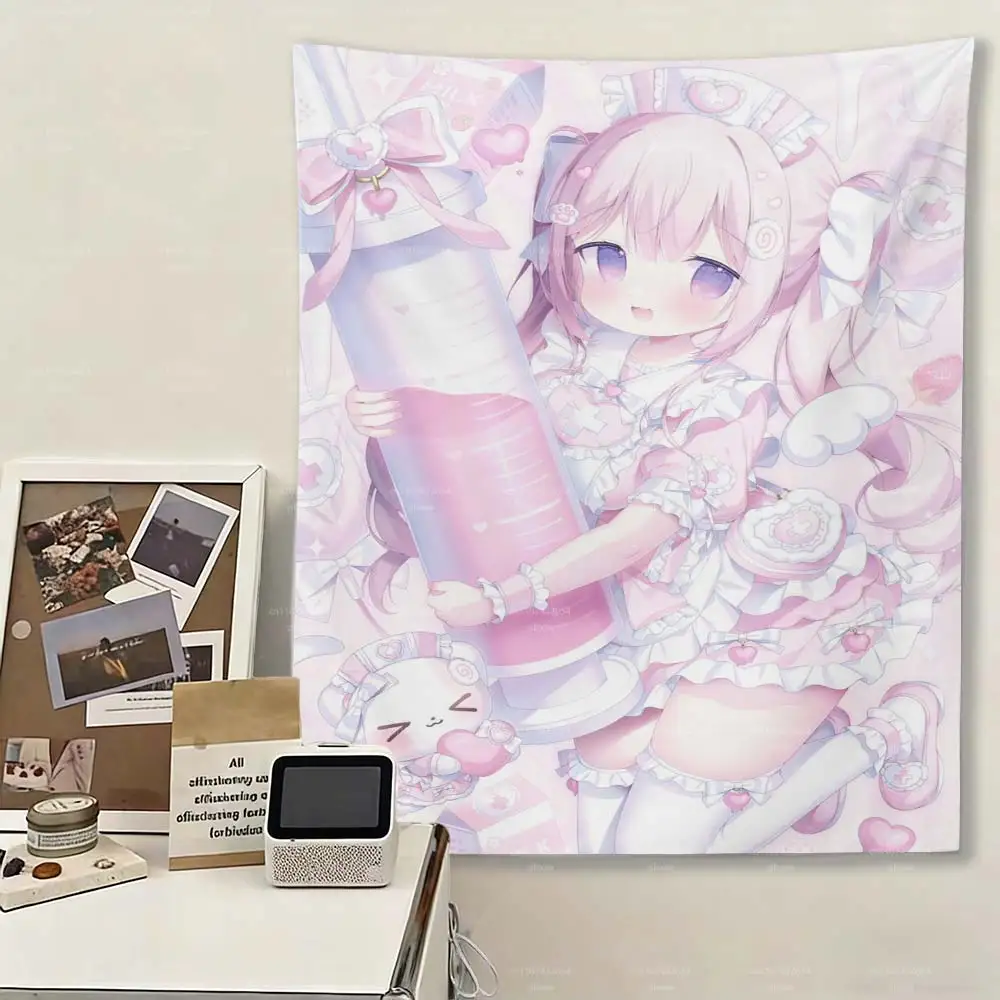 Sweet Pink Kawaii Anime Nurse Tapestry Cute Syrup Bottle Wall Art Poster for Dorm Room Bedroom Decor