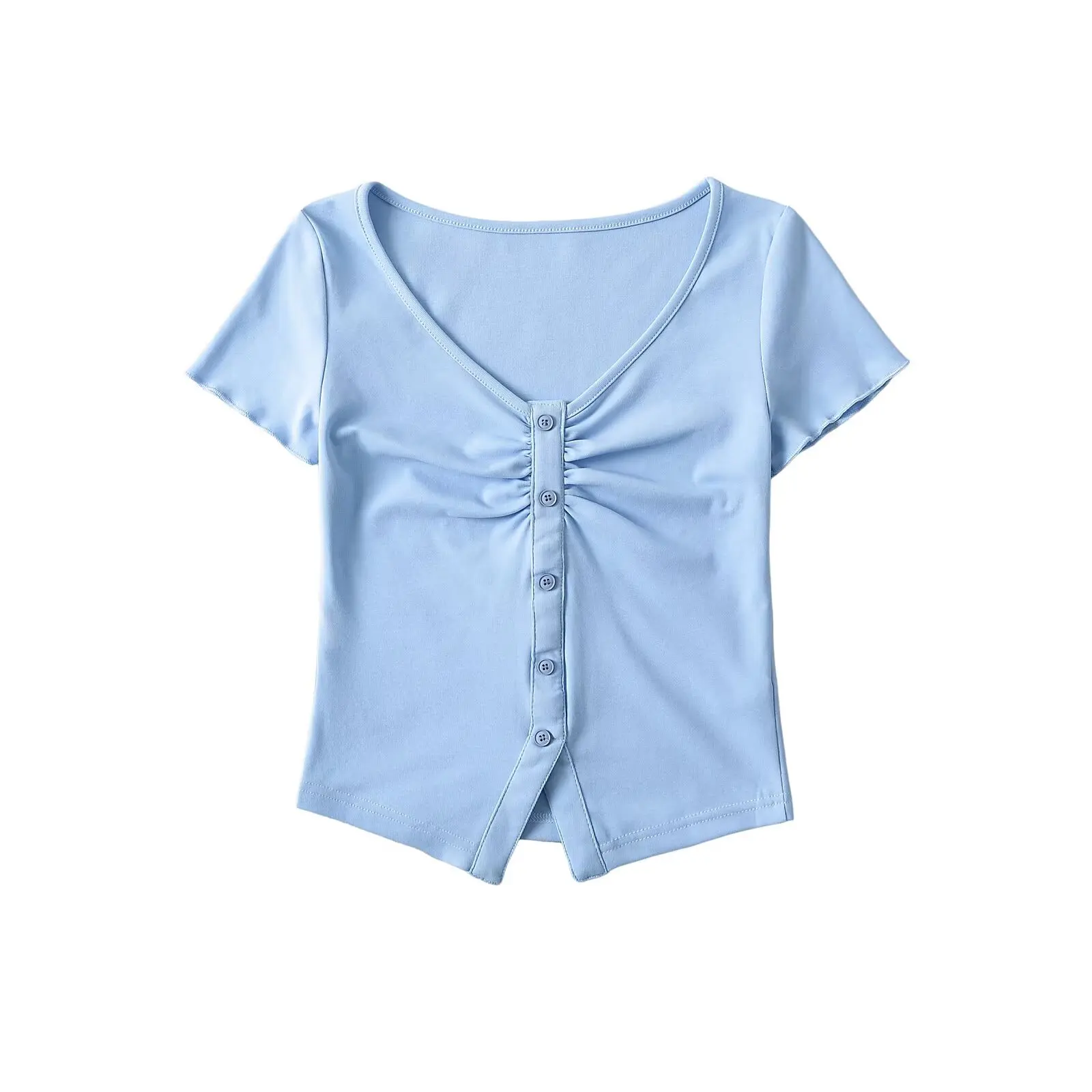 T-shirt coupe cintrée pour femmes, ort Sve v-ne, ourlet plissé, bouton, Design américain, fille chaude, ventre, haut de rue, été