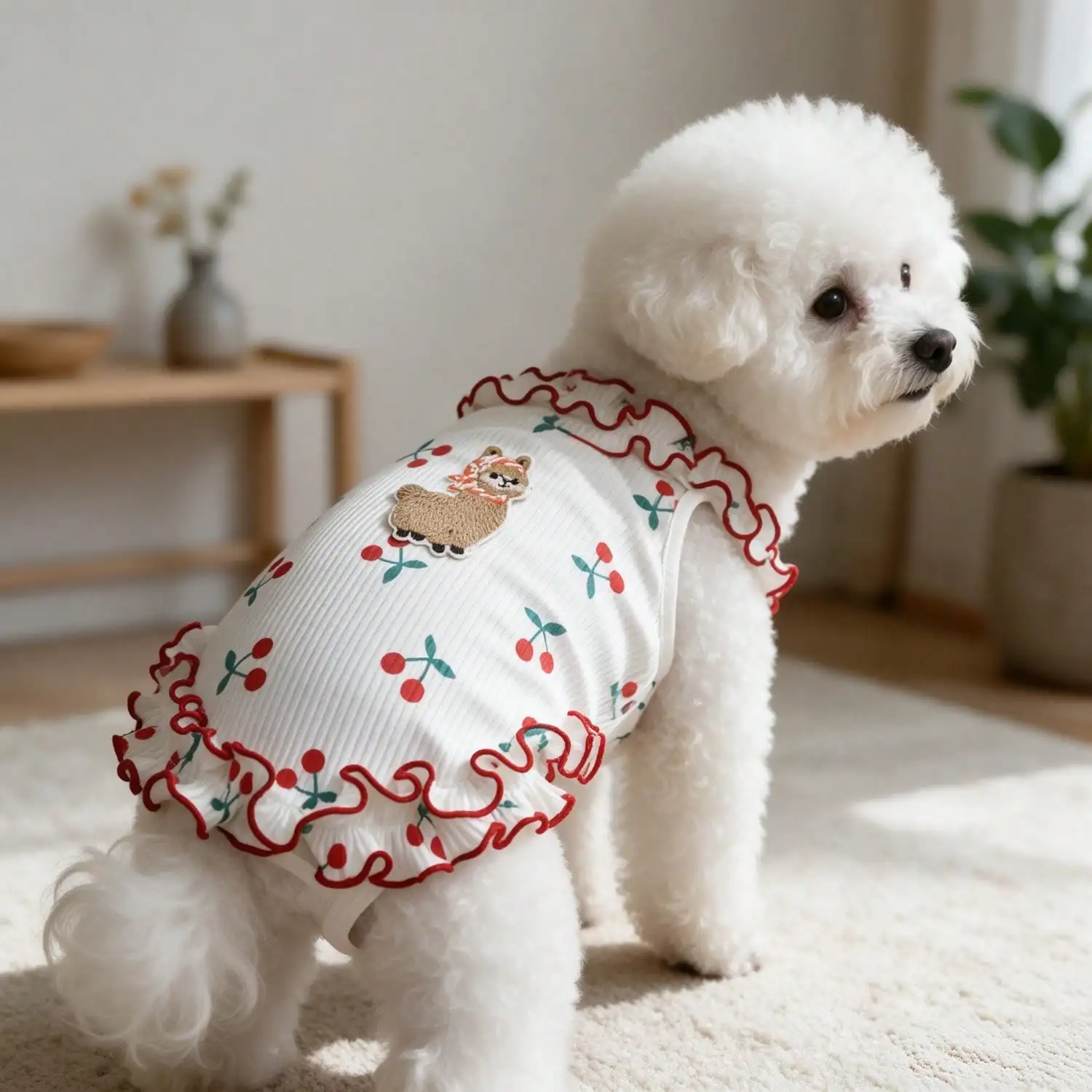 1 Stück Alpaka-Stickerei, Kirschmuster, Rüschen, ärmelloses Tanktop für kleine Hunde, ideal für den Sommer. – Detail 7