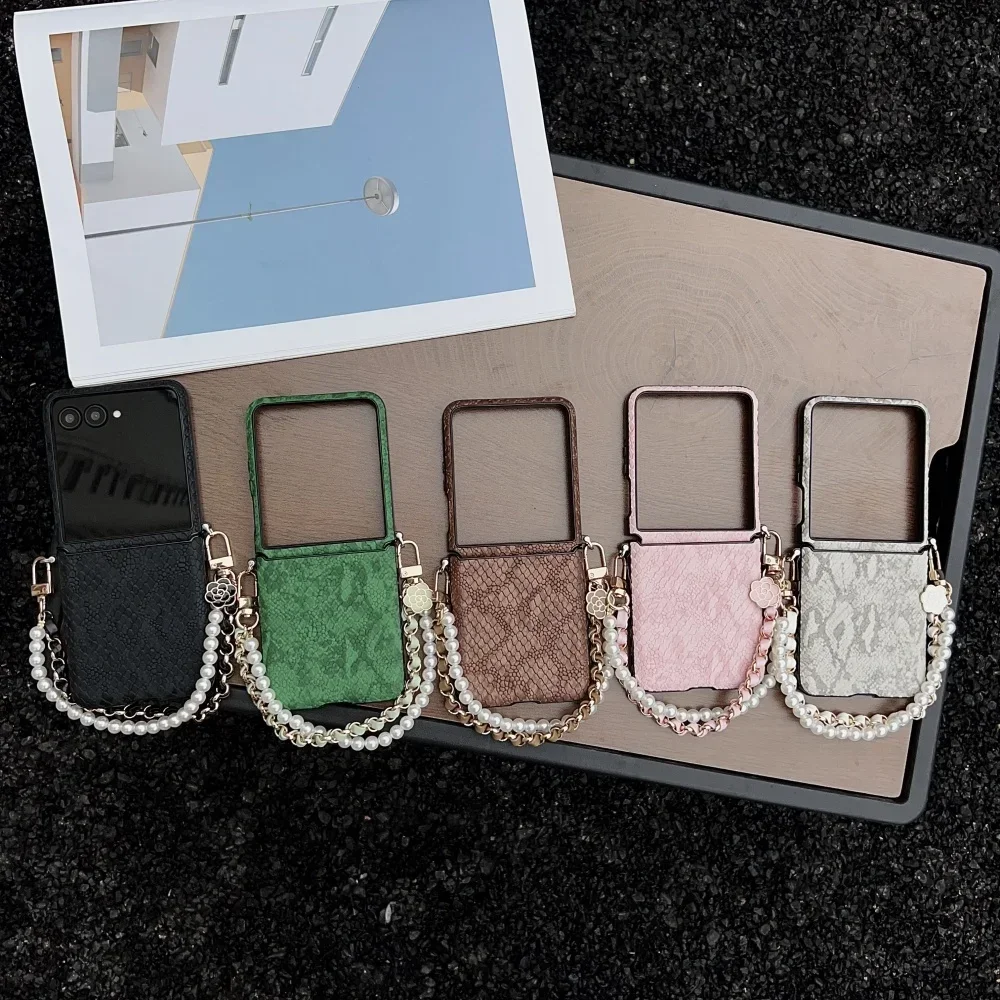 Luxurious Snake Texture Leather Phone Case for Samsung Galaxy Z Flip 7 6 5 4 Zflip7 Pearl Flower Bracelet Strap Back Cover Funda view 6
