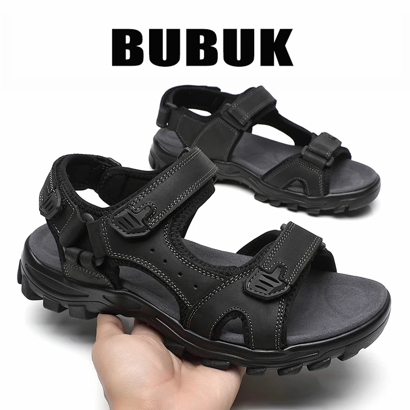 Bubuk Herren Outdoor-Freizeitsandalen aus hochwertigem Rindsleder, modisches und vielseitiges offenes Design, für alle Jahreszeiten anpassbar, bequeme flache Strandschuhe, Herren-Wasserschuhe. – Detail 9