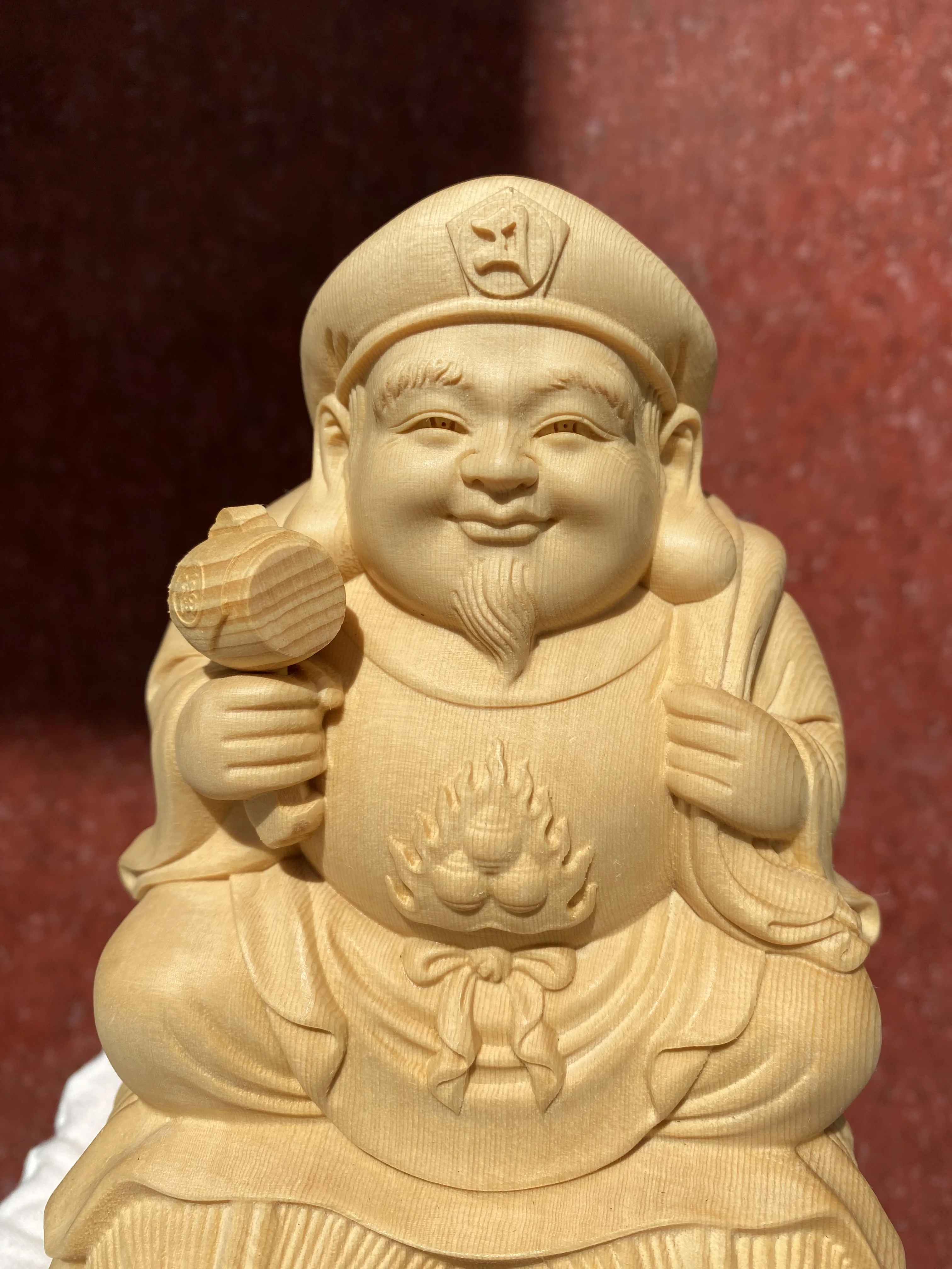 Hand-Carved Hinoki Wood Daikokuten Statue - Guardian Deity of the Seven Lucky Gods, Exquisite Buddhist Wealth God Figurine