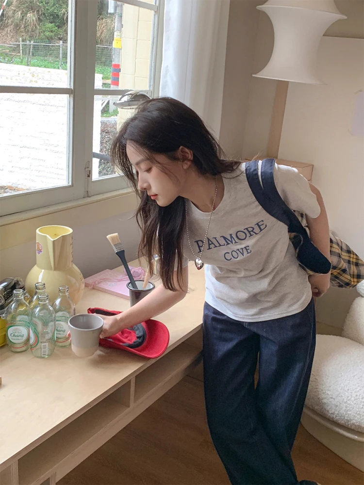 

Повседневная футболка с алмазной вышивкой и надписью, с коротким рукавом, круглым вырезом, свободного кроя, из смесового хлопка и полиэстера, летняя, влагоотводящая.