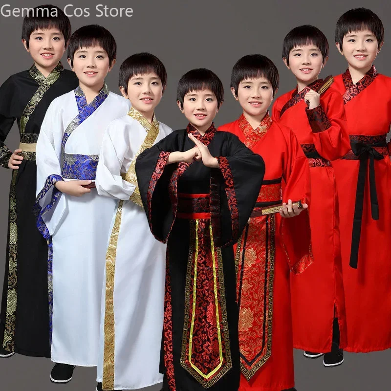 Fato chinês de seda infantil, conjunto hanfu, quimono para meninos, tradicional chinês, étnico vintage, dança do guerreiro, conjunto hanfu