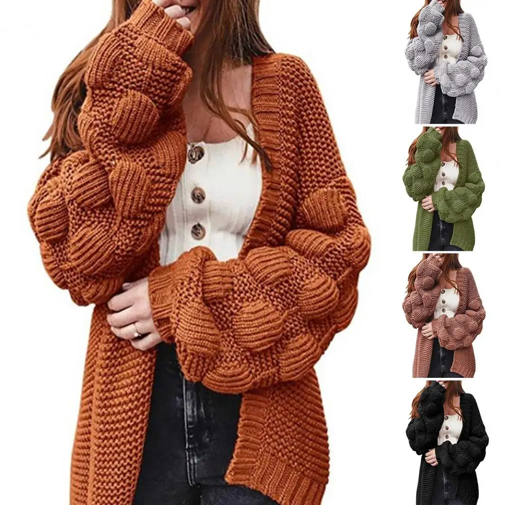 

Lantern Long Sleeves Ribbed Cuffs Open Front Sweater Coat Women Autumn Casual Solid Color Mid-Length Knit Cardigan Suéteres 가디건