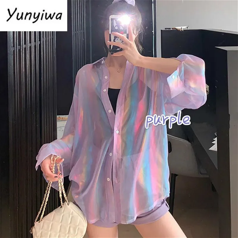 Blouses Women Harajuku Purple Sun-proof Summer Stylish Popular Teens Streetwear All-match Basic Long Sleeve Ins Femme Blusas Top