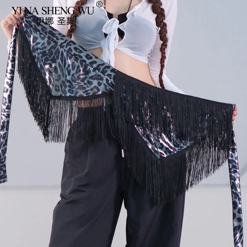 Vrouwen Buikdans Kleding Lange Fringe Onregelmatige Visnet Shimmy Riem Latin Jazz ChaCha Luipaard Print Hippe Sjaal Tie Wraps