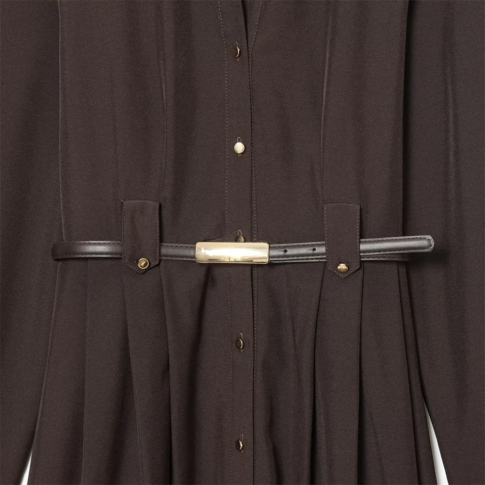 مزاج الملابس النسائية الجديدة للخريف والشتاء، ياقة بأكمام طويلة وأزرار حتى تنورة طويلة مع حزام، فستان ميدي على طراز القميص