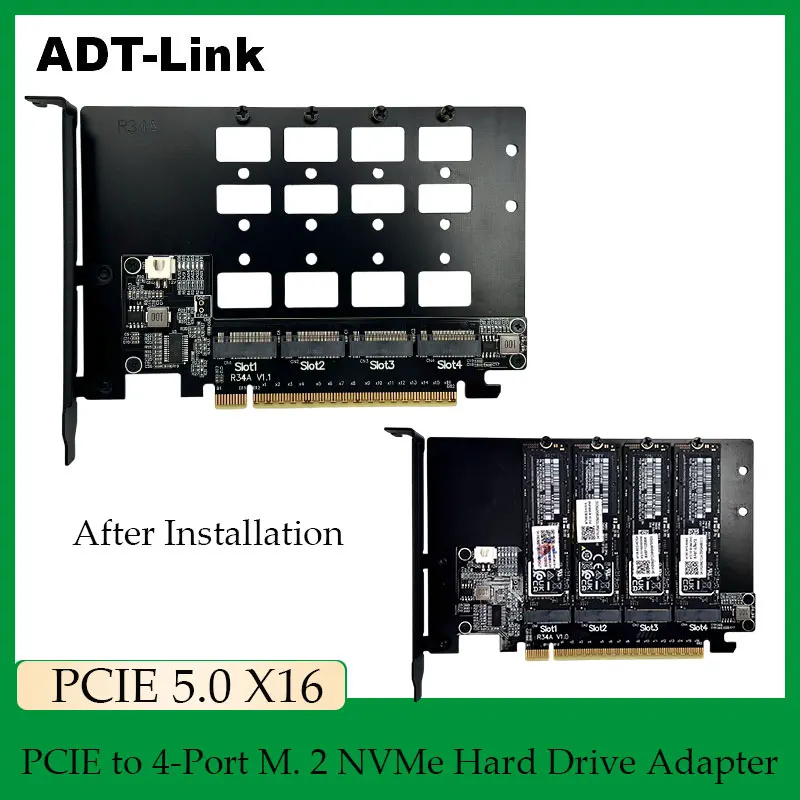 

ADT-Link PCIE 5.0 Gen5 x16 to 4-Port Card M.2 NVMe Hard Drive Split Adapter Expansion Card 128Gbps with Fan Gaming Accessories
