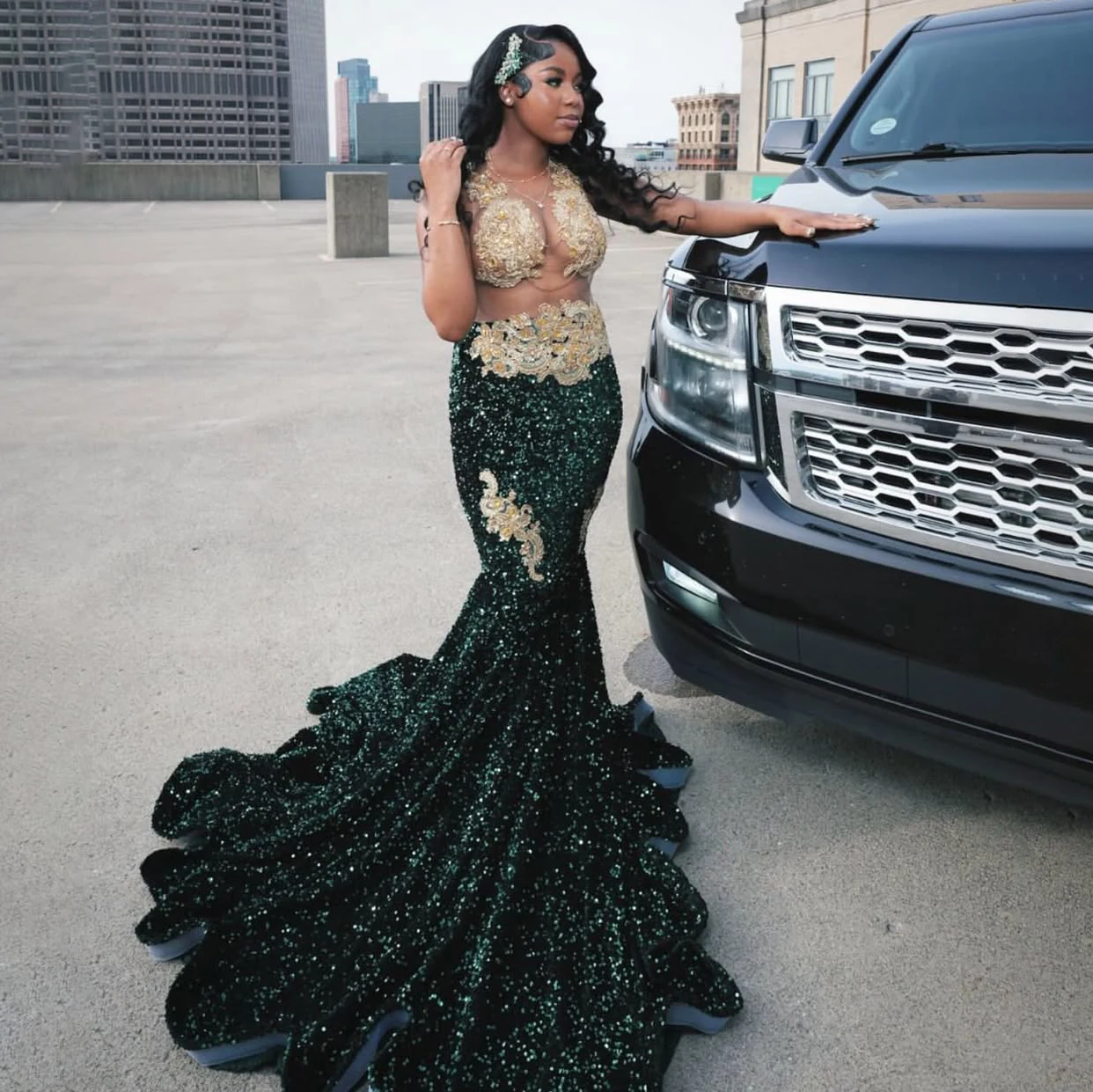 Radia May Customized Dark Green Mermaid Sequins Prom Dress Gold Lace Appliques Black Girl African Women Evening Party Gown BP104