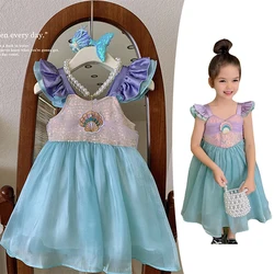 Little Mermaid Vest Dress Children's Korean Style Flying Sleeves Princess Ariel Dress Children Birthday Clothes 2024 Summer New