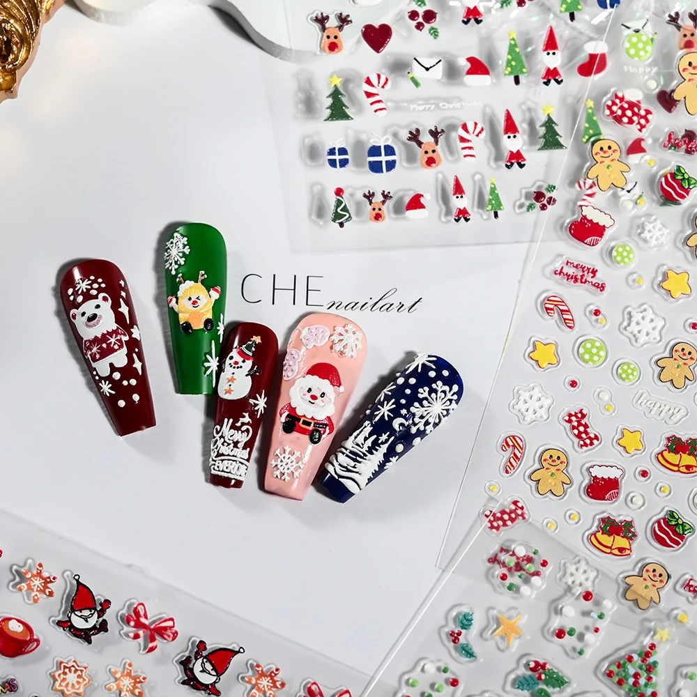 1pcs 5D Santa Claus Cartoon Nail Stickers Christmas Snowman Gloves Elk Design Self Adhesive Sliders Nail Decals Manicure Decorat