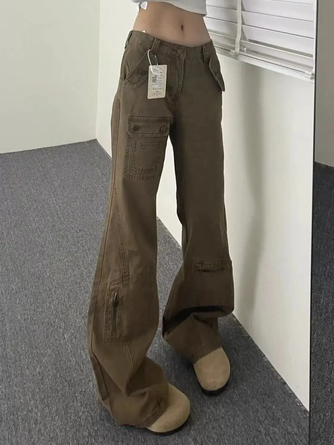 Vintage High Waisted Micro Flared Jeans Women Khaki Cargo Pants Y2k Button Multi Pockets Denims Trousers Floor Length
