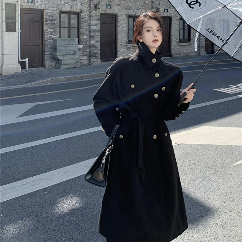 Retro Wool Coat Women's 2024 Spring Autumn New High-Quality Temperament Black Long Woolen Jacket Korean Fashion Luxury Outerwear