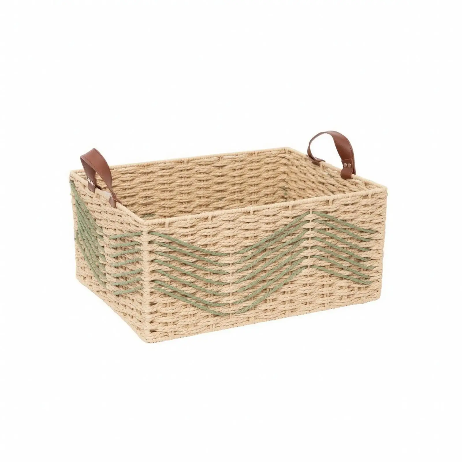 Rectangular Storage Basket with Leather Handles Open-Top Desktop Braided Storage