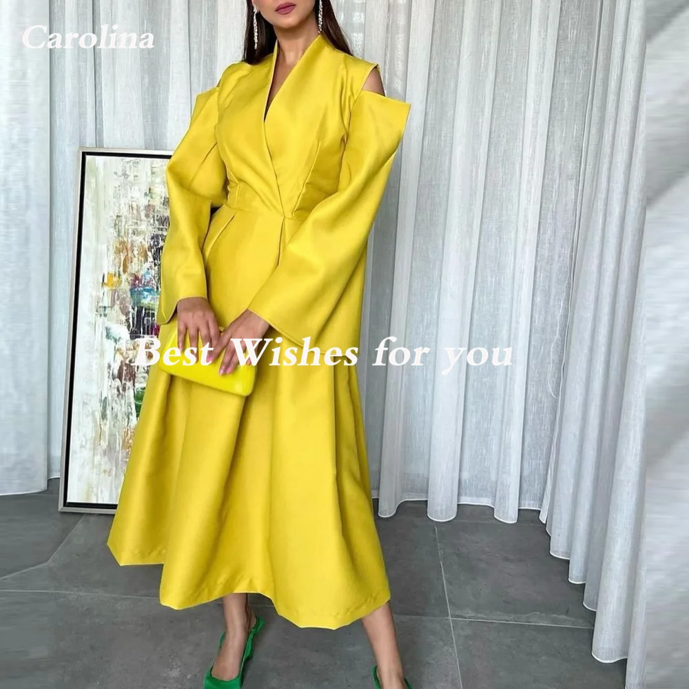 Carolina V-Neck Long Sleeves Evening Dresses Women Saudi Arabia Tea Length Wedding Satin Guest Elegant Formal Party Gowns