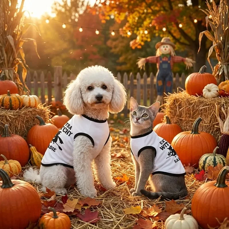 Halloween Dog Sleeveless Tank Vest White Black Trim Witch Letter Custom Puppy Shirt Pet Tee Outfit For Small Medium Dogs Cats