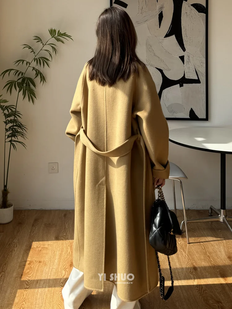 2025 Autumn New Korean Women Winter Coat Edition High End Camel Double Sided Wool Coat Long Striped Bathrobe Black Jacket