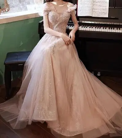 

Luxury Champagne Long Evening Dresses Boat Neck A-line Shiny Lace Applique Beaded Long Prom Formal Gowns Off The Shoulder New