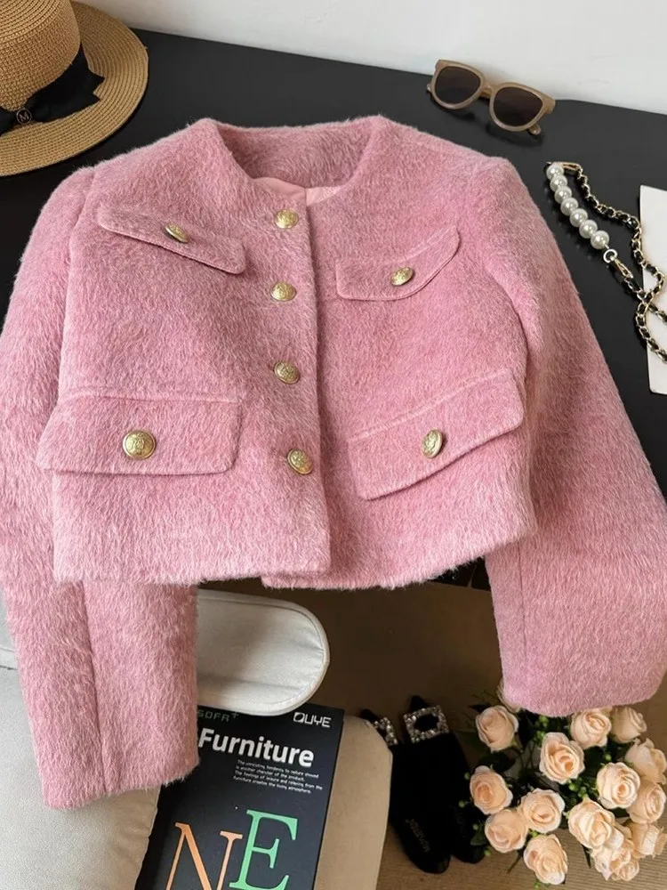 Women Fashion Thicken Padded Liner Tweed Jacket O-Neck Long Sleeve Single Breasted Office Lady Elegant Casual Short Parkas Coat