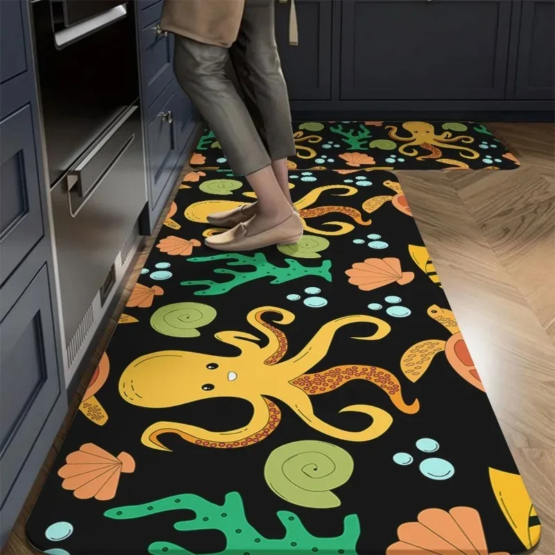 Ocean Sea Creature Kitchen Rugs, Octopus Turtle Non‑Slip Floor Mat, Underwater Marine Animal Anti‑Fatigue Kitchen Decor Mats