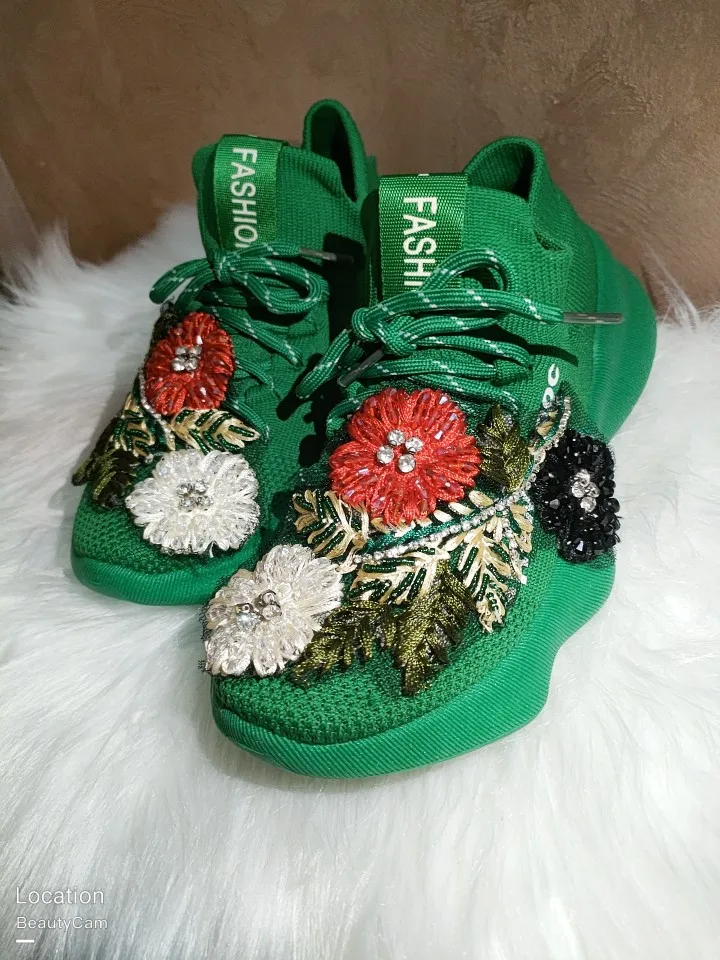 Luxury beaded embroidery crystal color green socks shoes European station Thailand Chaopai