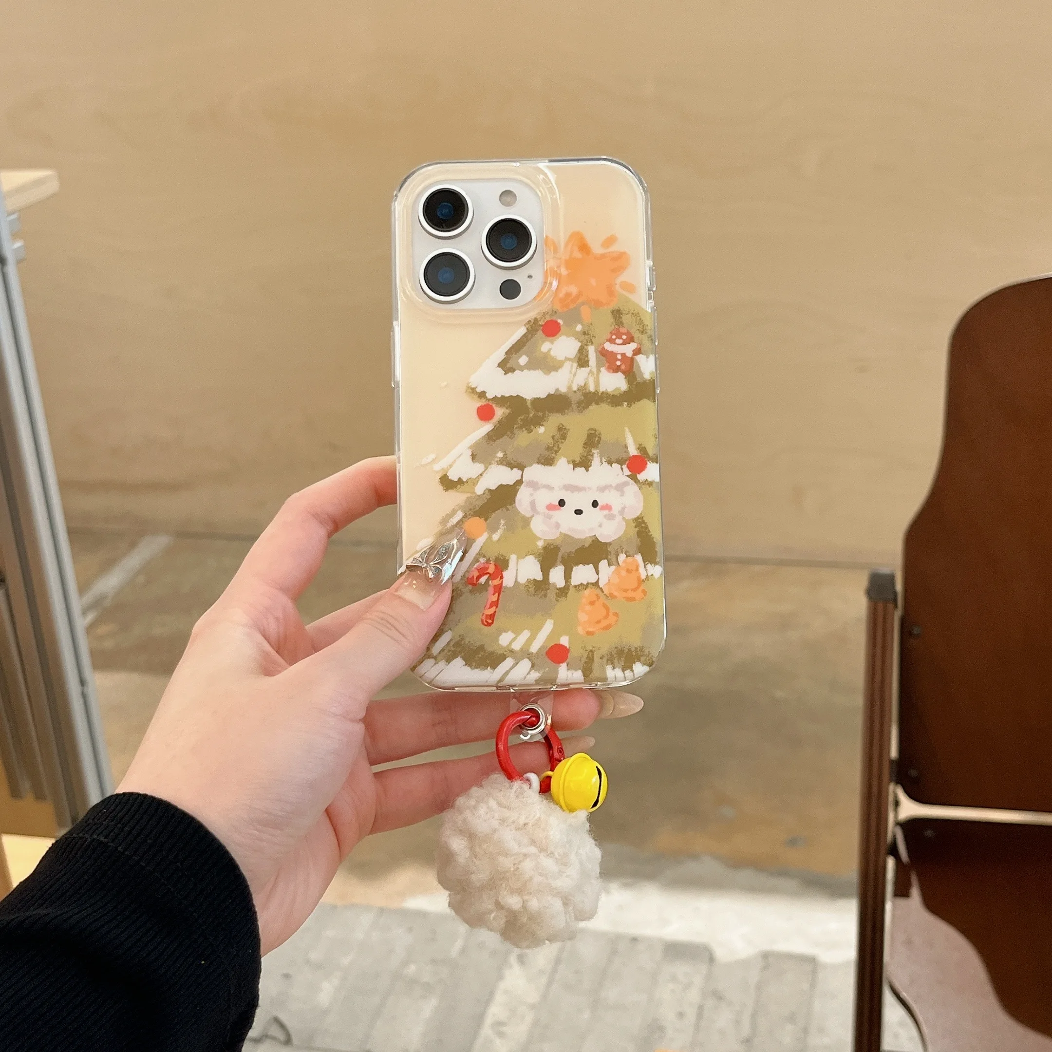 Casing HP iPhone 17 16 15 14 13 Pro Max dengan Gantungan Lonceng Pom-pom Bulu Anjing Natal
