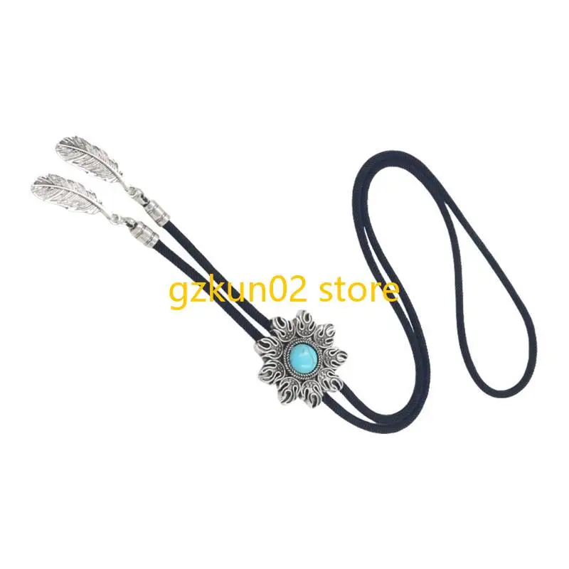 

KXRB Men's Sun Turquoises Stone Pendant Bolo Tie Braided Rope Necktie Necklace Shirt Collar Chain Cowboy Neckwear