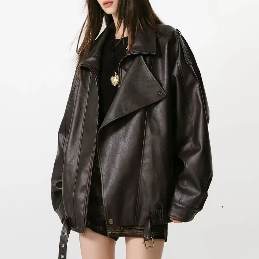 High Grade American Moto PU Jacket 2026 Women  Fall Winter New Loose Versatile Stylish Biker Coat, Black & Brown Available