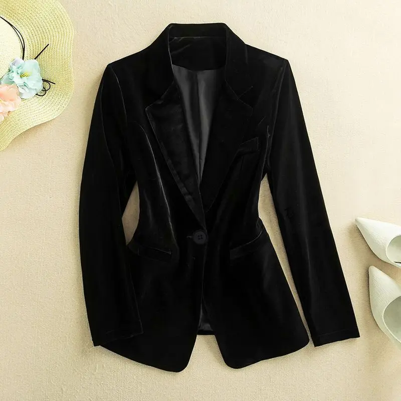 

Korean Fashion Golden Velvet Suit Jacket Women Autumn Winter High End Fashionable Professional Attire Casual Female Blazers