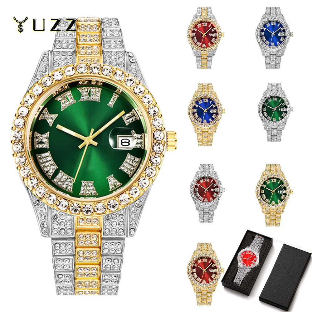 Nieuwe Hip Hop Iced Out Mannen Horloge Vol Strass Rond Luxe Quartz Horloges Ronde Klok Unisex Rode Wijzerplaat Polshorloge Gift