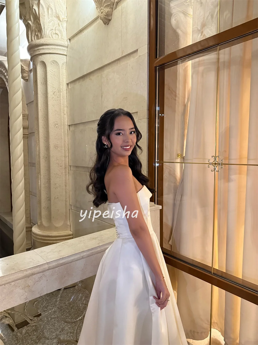 Customized Elegant Simple Charmeuse Ruched A-line Strapless Ankle Length Dresses Bespoke Occasion Dresses Modern Style Matching