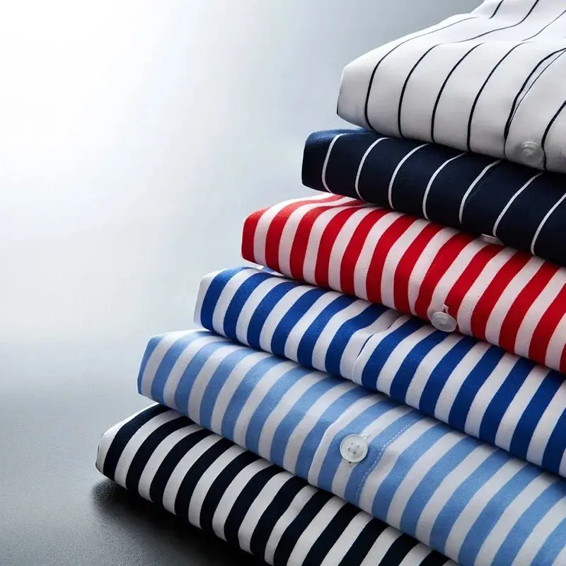Men's Long Sleeve Blue White Striped Shirt Dress Fashionable Autumn Thickened Fleece  Collar Nine Points Sleeve Design
